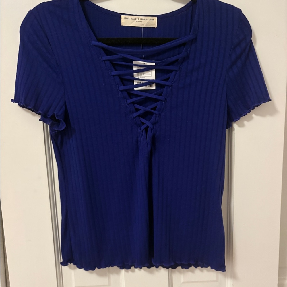 Urban Outfitters Royal Blue Lace-Up Ribbed Tee